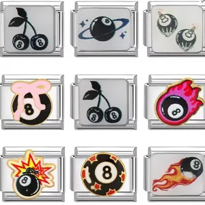 Stainless steel Italian modular charms with 8-ball graffiti designs for DIY bracelets