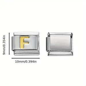 Detailed macro view showing the 9mm x 10mm stainless steel Italian charm with gold letter F