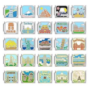Assorted stainless steel Italian charm links featuring colorful world landmark enamel designs