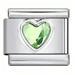 Maillon de charme italien en acier inoxydable avec zircon vert en forme de cœur