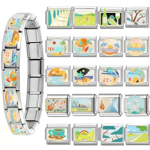 Italienisches Modulares Armband-Element Edelstahl DIY Emaille Brief Landschaft Muster Armband Komponente Zubehör Schmuck