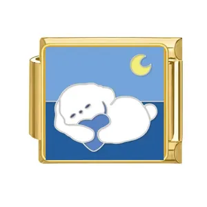 Gold stainless steel Italian modular charm featuring a cute dog hugging a blue heart.