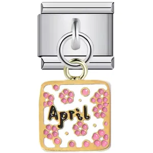 Personalized April birthstone month Italian modular charm link with pink floral design