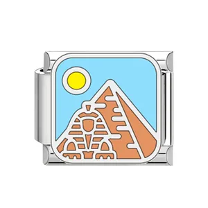 Detail view of Italian charm link featuring Egyptian Pyramids and Sphinx enamel design