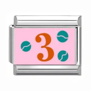 Stainless steel Italian modular charm featuring a pink background with an orange number 3