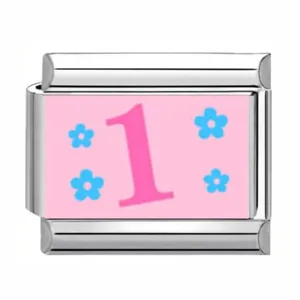 Stainless steel Italian charm link featuring a pink number 1 and blue flower design