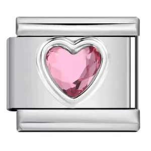 Italienischer Modul-Charm aus poliertem Edelstahl mit facettiertem rosa Herz-Zirkon