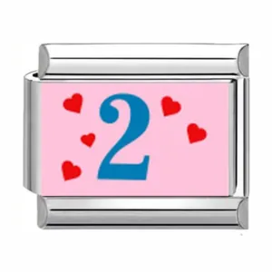 Stainless steel Italian modular charm link with pink background and blue number 2 and hearts.
