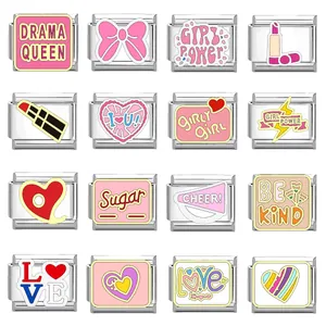 Set of 16 stainless steel Italian charm links with colorful enamel girl-themed designs