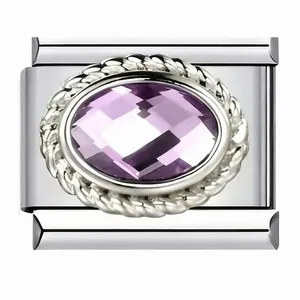 Charme modulaire italien en acier inoxydable avec pierre de zircone violette ovale