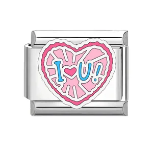Stainless steel Italian charm link featuring a pink enamel heart and 'I Love U' lettering