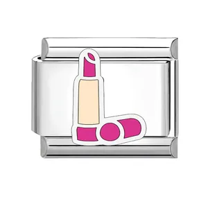 Stainless steel Italian charm link featuring a pink lipstick enamel design for DIY jewelry