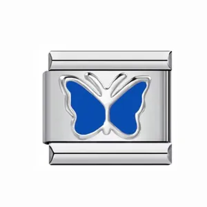 Stainless steel Italian modular charm link featuring a vibrant blue butterfly design