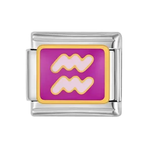 Detailed Italian modular bracelet charm link featuring a purple Aquarius zodiac sign