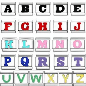 Stainless steel Italian charm bracelet links featuring colorful letters A-Z