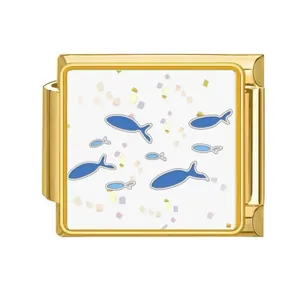 Abalorio para pulsera modular italiana de acero dorado con diseño de peces azules