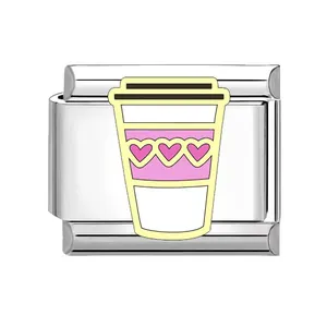 Charm in acciaio inossidabile a forma di tazza di caffè con cuori per bracciale link