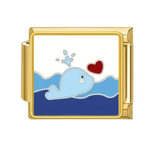 Abalorio para pulsera modular italiana de acero inoxidable con ballena azul y corazón