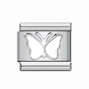 Silver stainless steel Italian modular charm link with a butterfly cutout design