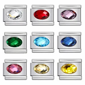 Stainless Steel Italian Charm Link For DIY Bracelet Colorful Oval Zirconia Inlaid Individual Elastic Bracelet Components Jewelry Gift