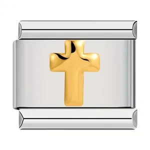 Italian modular bracelet charm link with gold cross design on silver stainless steel base.