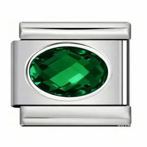 Detail view of an Italian charm module with a faceted green oval zirconia stone.