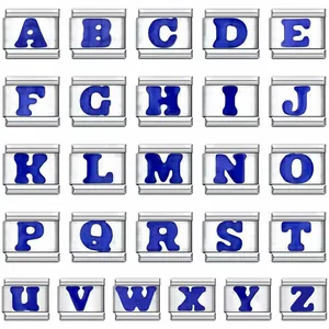 Complete set of stainless steel Italian modular charms with blue alphabet letters A-Z