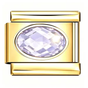 Gold stainless steel Italian modular charm link with oval lilac faceted zircon crystal