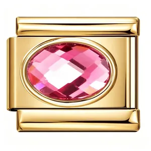 Gold Italian modular bracelet charm with faceted oval pink zircon for DIY jewelry.