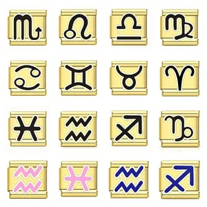 Gold Plated Titanium Steel Italian Charm Link For DIY Bracelet Making Twelve Zodiac Signs Constellation Jewelry Link Accessory For Men Women