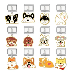 Edelstahl Italienisches Charm Glied Süßer Cartoon Hund Emaille Anhänger Für DIY Armband Personalisiertes Haustier Schmuck Zubehör