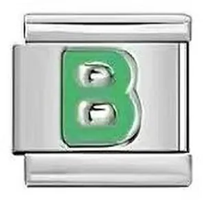 Close-up of a green letter B embossed on a stainless steel Italian modular charm link.