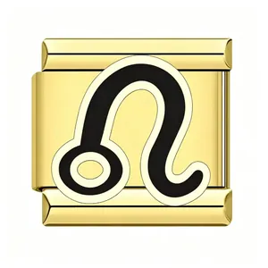 Detailed macro view of a gold Leo zodiac Italian charm link crafted from stainless steel
