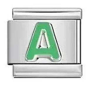 Close-up detail of a stainless steel Italian charm link with a green enamel letter A