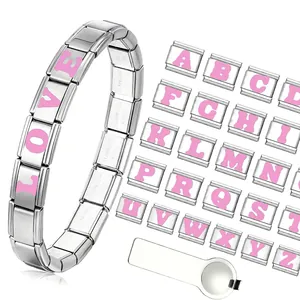 Italian Charm Link Bracelet Modules Stainless Steel Pink Enamel A-Z Letters Alphabet DIY Custom Bracelet Jewelry Findings