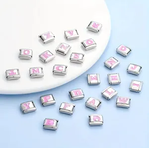Stainless steel Italian modular bracelet charms with pink enamel alphabet letters