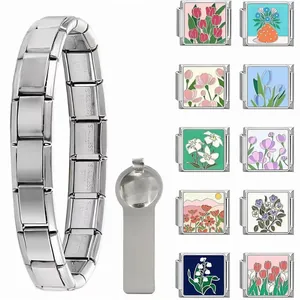 Stainless steel Italian charm bracelet with floral enamel modular links and tool