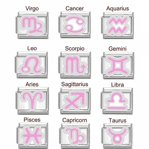 Componente per Bracciale Modulare in Acciaio Inossidabile Italian Charm Link Smalto Rosa Segno Zodiacale per Gioielli Fai da Te Regali Unisex