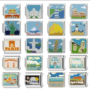 Italienische Modulare Edelstahl-Charms Weltwahrzeichen Emaille DIY Elastisches Armband Glied Reise-Souvenir Schmuck-Zubehör