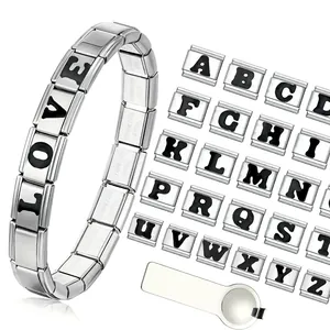 Detailed view of DIY stainless steel modular bracelet with full A-Z alphabet charms