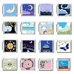 Stainless Steel Italian Charm Link Modular Bracelet DIY Component Enamel Star Moon Cat Art Jewelry Gift Individual Link Charm