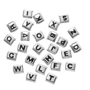 Collection of stainless steel Italian modular charms featuring A-Z black engraved letters
