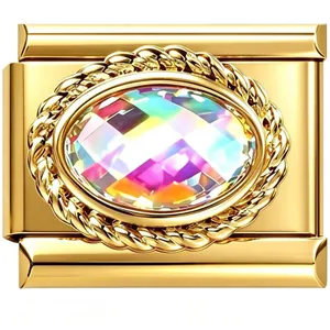 Detailed view of a gold stainless steel modular charm with rainbow oval faceted zircon