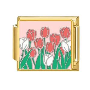 Gold stainless steel Italian charm link with elegant red and white tulip floral design