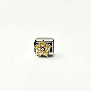 Stainless steel Italian charm link featuring a vibrant yellow zircon flower for DIY bracelets