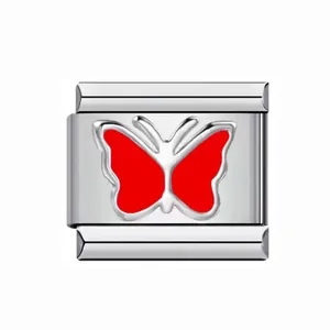 Italian modular charm link with a vibrant red butterfly motif for DIY bracelets.