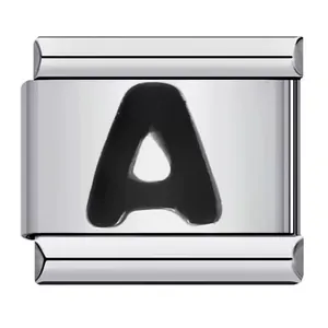 Premium stainless steel Italian charm link featuring a black enamel letter A for DIY jewelry
