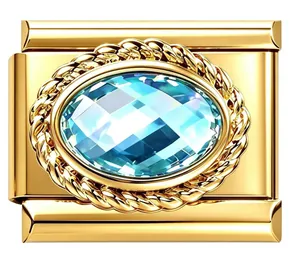 Close-up of gold Italian charm link with faceted light blue zircon