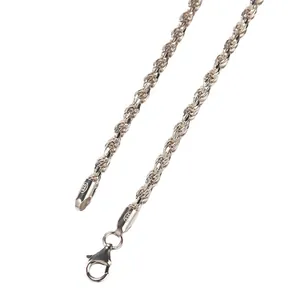 Cadena de cuerda 3mm plata de ley S925 con cierre de langosta y diseño trenzado