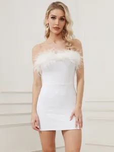 Women Sequin Ostrich Feather Tube Top Bodycon Mini Dress Sexy Off-Shoulder Banquet Party Socialite Dress